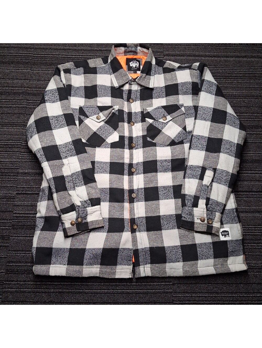 Buffalo Outdoors Flannel Shirt Jacket Mens L Black Gray Plaid Lined Shacket